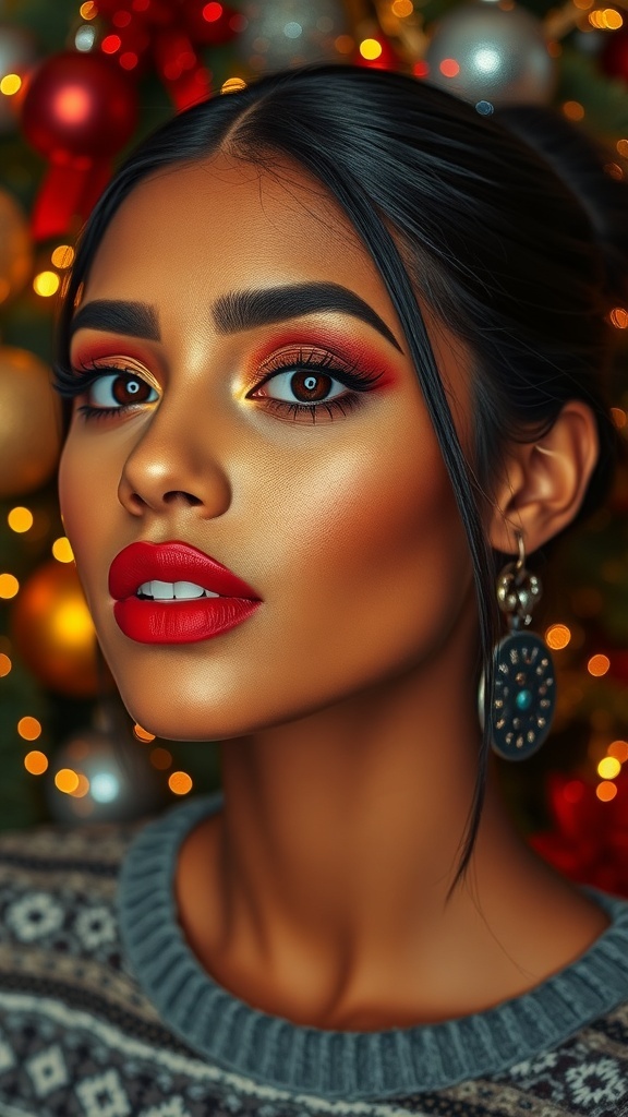 Model with olive skin wearing festive Christmas makeup with warm eyeshadow and red lipstick.